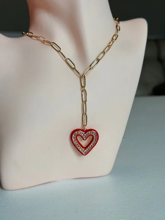 Gold Chain Necklace with Red Heart Pendant - Picture 3 of 7